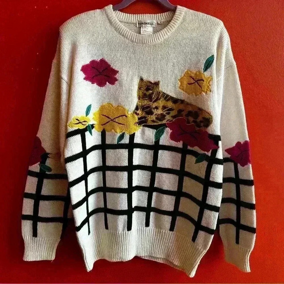 Vintage 80s checkered novelty print pullover sweater size Large - Picture 1 of 8